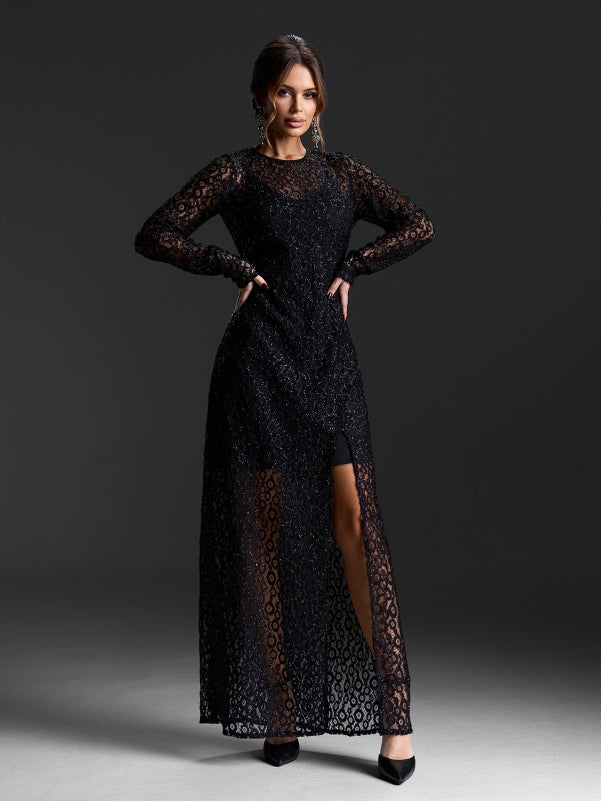 Black guipure floor-length dress-sku 15428