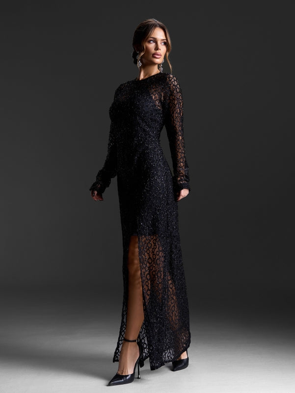 Black guipure floor-length dress-sku 15428