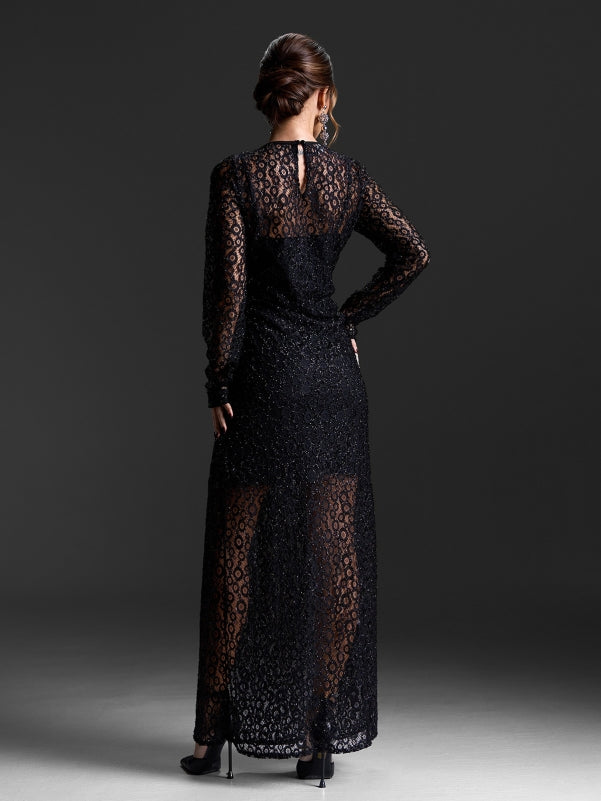 Black guipure floor-length dress-sku 15428