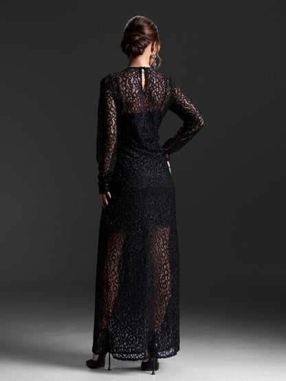 Black guipure floor-length dress-sku 15428