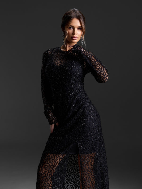 Black guipure floor-length dress-sku 15428