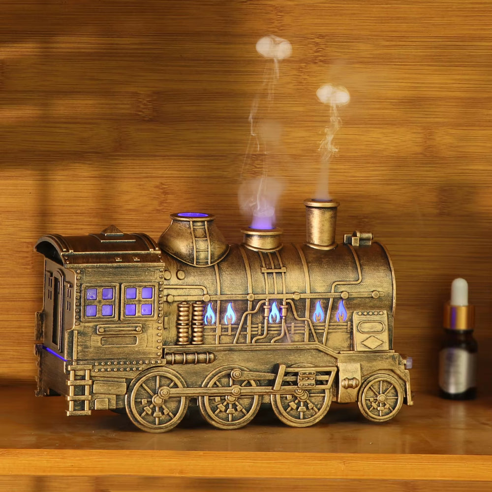 Creative Vintage Train Locomotive Air Humidifier Aroma Diffuser Sprayer with Jellyfish Smoke Ring for Essential Oil Aromatherapy
