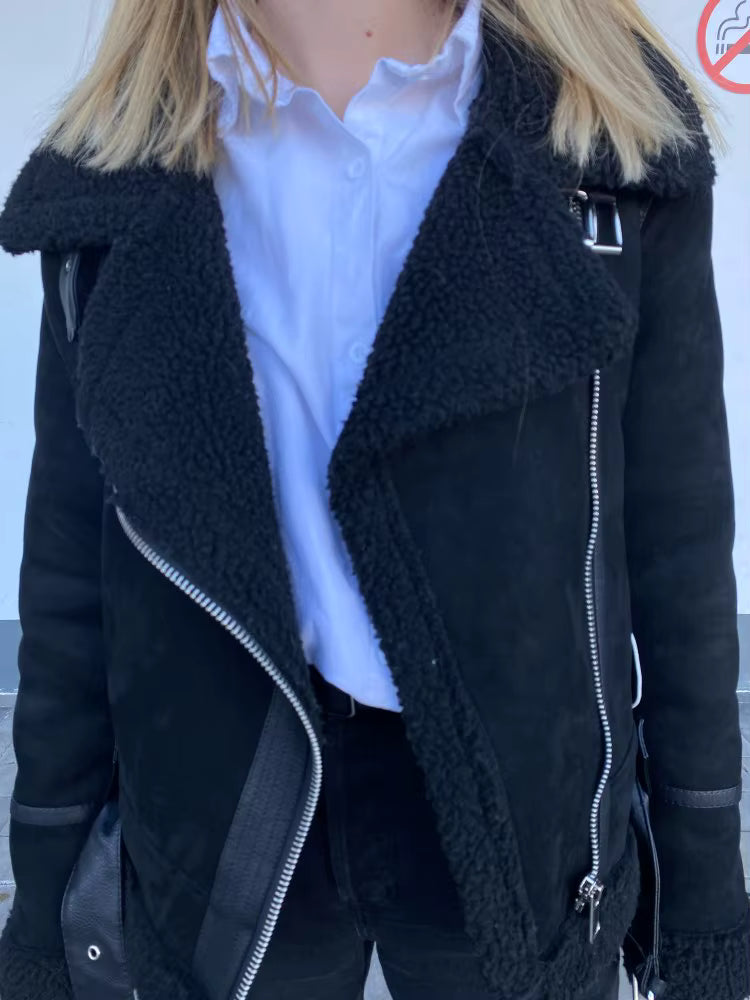 Winter Women Thick Warm Suede Lamb Jacket Short Motorcycle Brown Coats Faux Shearling Sheepskin Leather Jackets Outwear