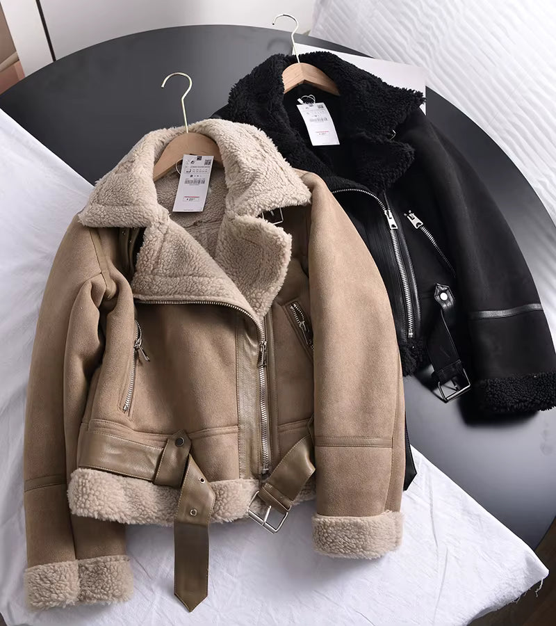 Winter Women Thick Warm Suede Lamb Jacket Short Motorcycle Brown Coats Faux Shearling Sheepskin Leather Jackets Outwear