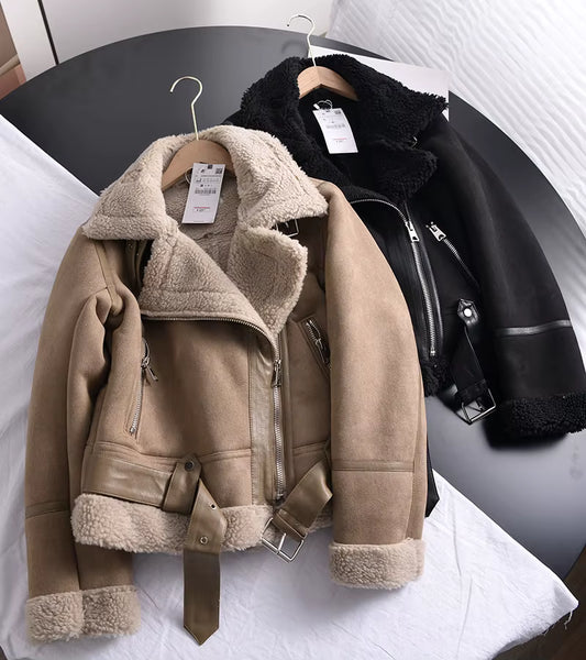Winter Women Thick Warm Suede Lamb Jacket Short Motorcycle Brown Coats Faux Shearling Sheepskin Leather Jackets Outwear