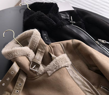 Winter Women Thick Warm Suede Lamb Jacket Short Motorcycle Brown Coats Faux Shearling Sheepskin Leather Jackets Outwear