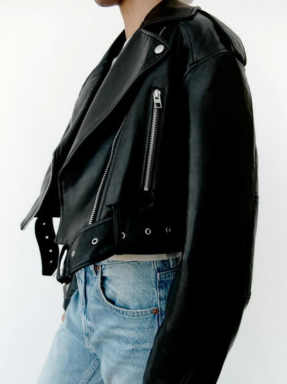 Women Faux Pu Leather Short Jacket with Belt 