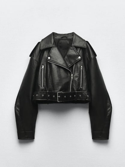 Women Faux Pu Leather Short Jacket with Belt 