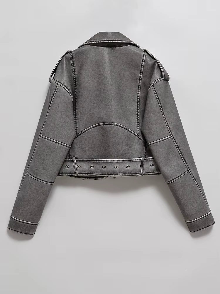 Women Vintage Loose Washed Faux Leather Short Jacket