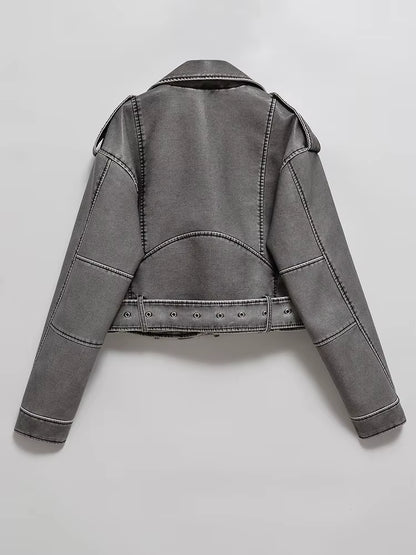 Women Vintage Loose Washed Faux Leather Short Jacket