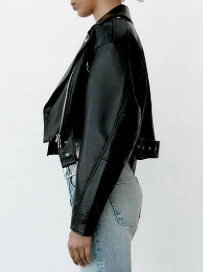 Women Faux Pu Leather Short Jacket with Belt 