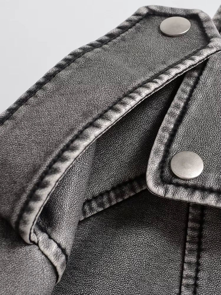 Women Vintage Loose Washed Faux Leather Short Jacket