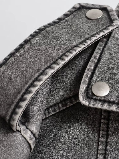 Women Vintage Loose Washed Faux Leather Short Jacket