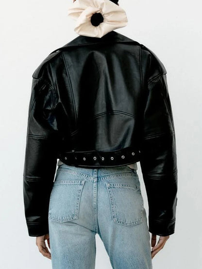 Women Faux Pu Leather Short Jacket with Belt 