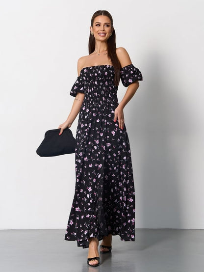 Black cotton bandeau dress with slits- sku SA-625