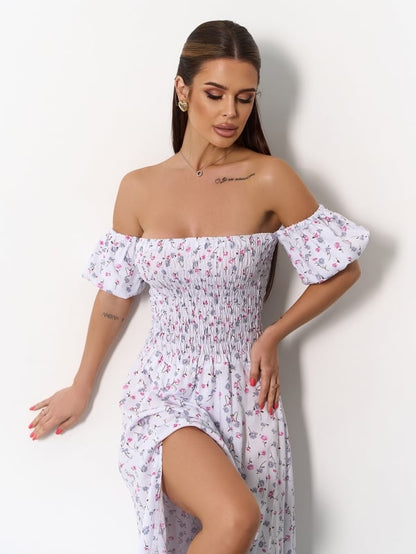 White Cotton Bandeau Dress with Slits- sku SA-625