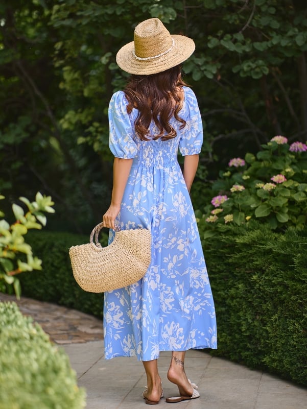 Blue and white retro dress with slit