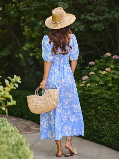 Blue and white retro dress with slit