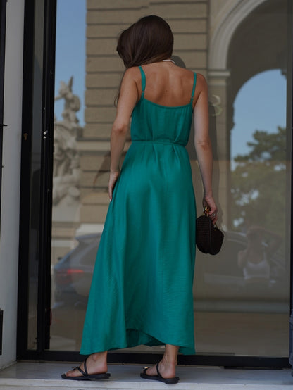 Green Long Linen Sundress with Straps