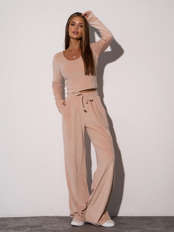 Beige Velor Suit with a Top and Wide Trousers sku SA-654