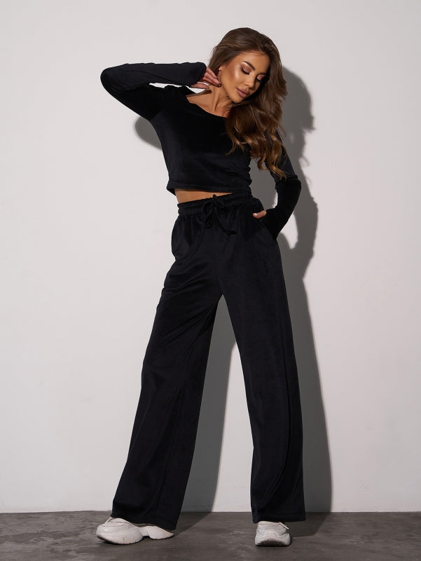 Black Velor Suit with a Top and Wide Trousers sku SA-654