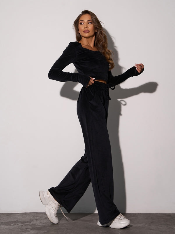 Black Velor Suit with a Top and Wide Trousers sku SA-654
