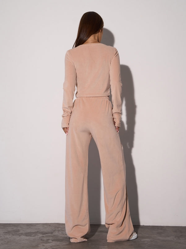Beige Velor Suit with a Top and Wide Trousers sku SA-654
