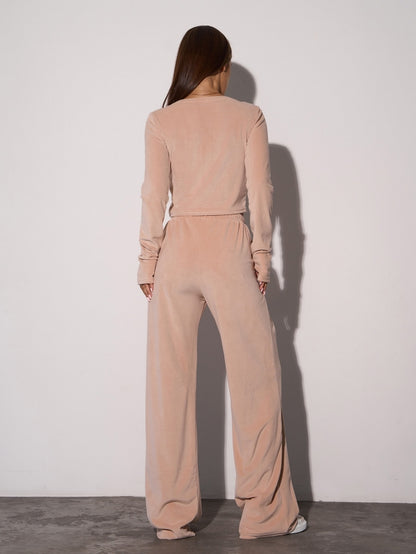 Beige Velor Suit with a Top and Wide Trousers sku SA-654