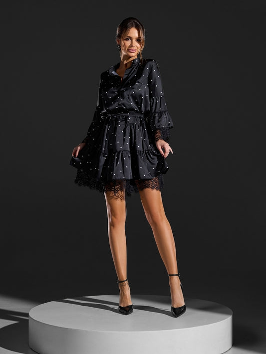 Black silk dress with a heart print -sku SA-681