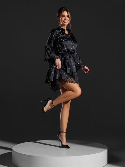 Black silk dress with a heart print -sku SA-681