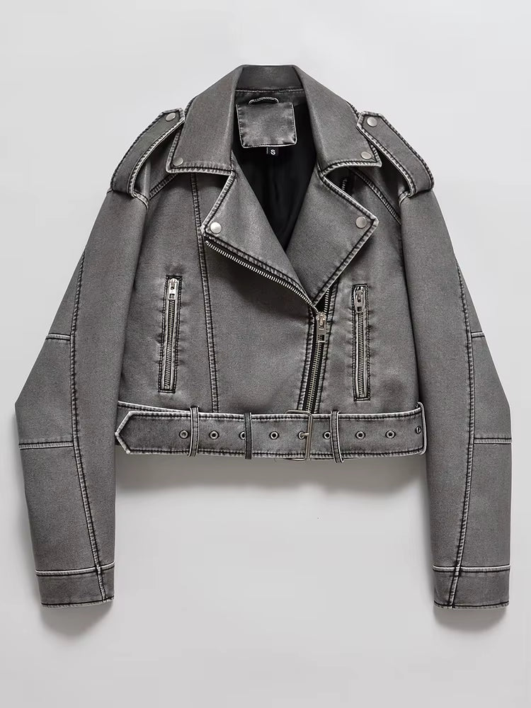 Women Vintage Loose Washed Faux Leather Short Jacket