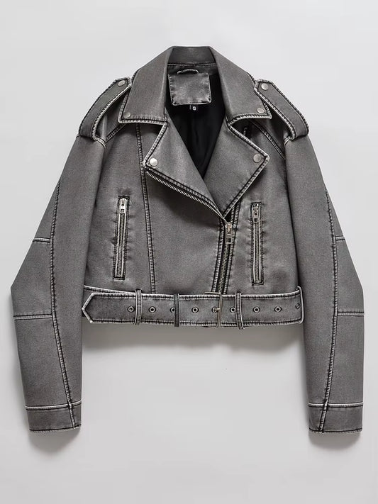Women Vintage Loose Washed Faux Leather Short Jacket
