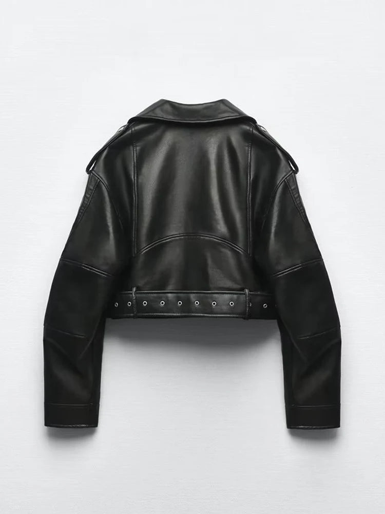 Women Faux Pu Leather Short Jacket with Belt 