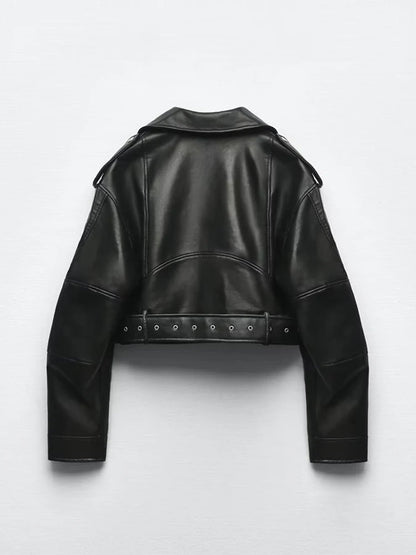 Women Faux Pu Leather Short Jacket with Belt 