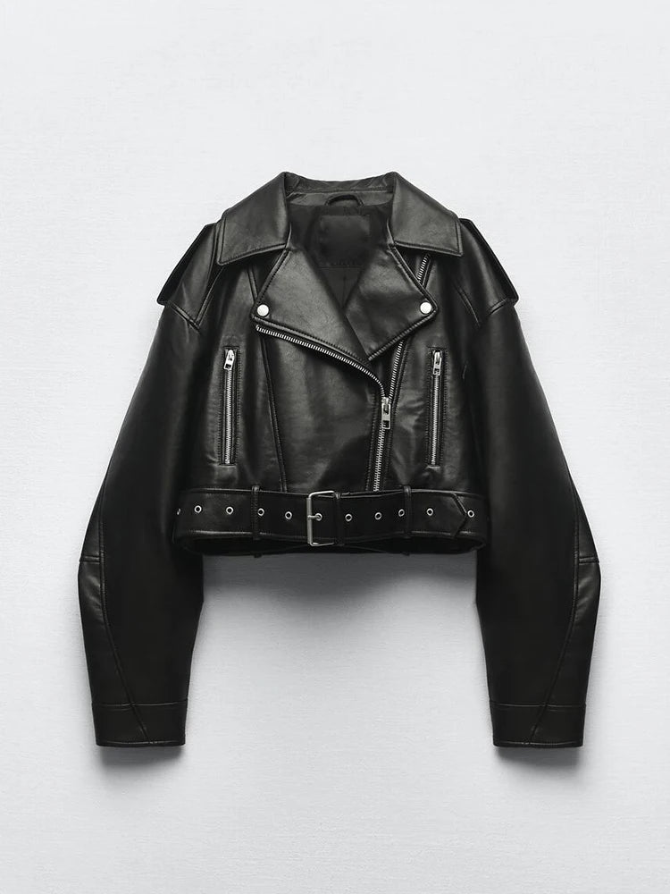 Women Faux Pu Leather Short Jacket with Belt 