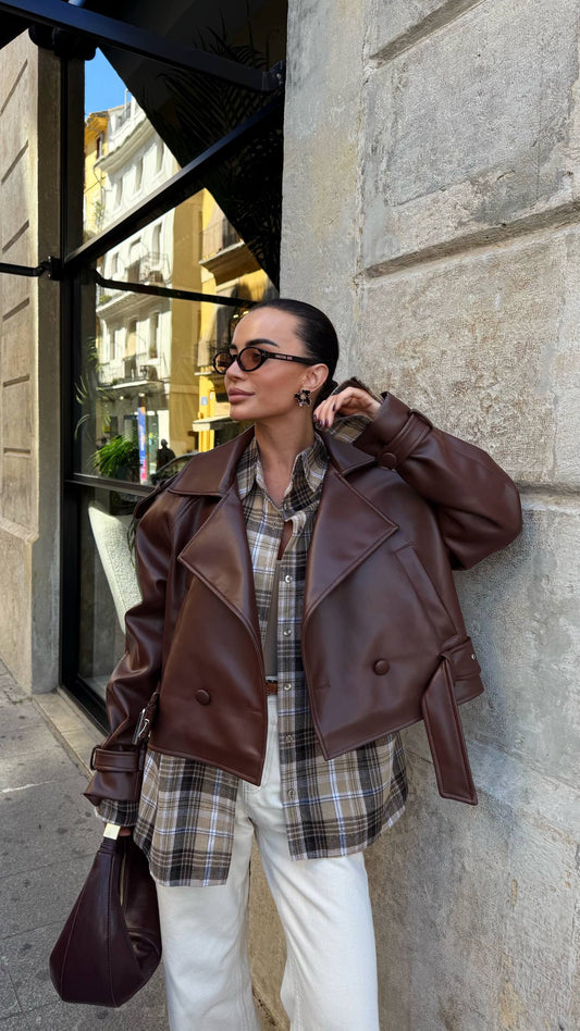 THE ICON BROWN JACKET: Faux Leather -sku 13109