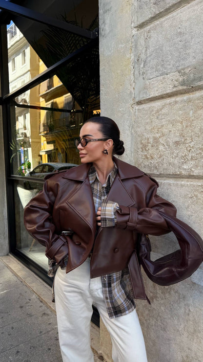 THE ICON BROWN JACKET: Faux Leather -sku 13109