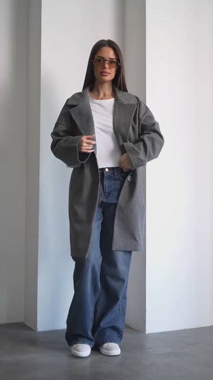Gray Wool Coat with Knee Length-sku 15103