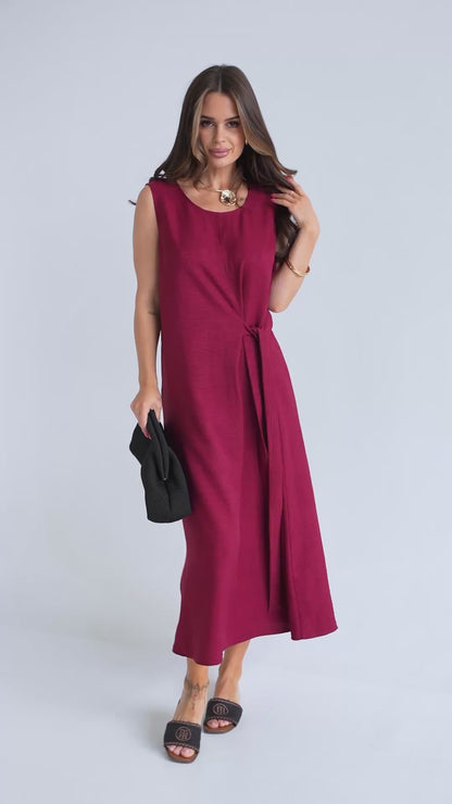 Dark burgundy linen sarafan with tie