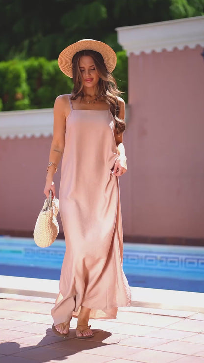 Beige Linen Sundress with Side Slits -sku 15204
