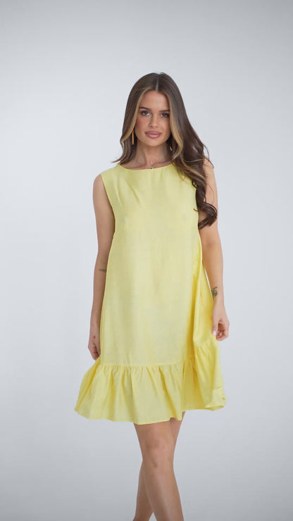 Yellow Linen Mini Dress With Ruffle -sku 15131