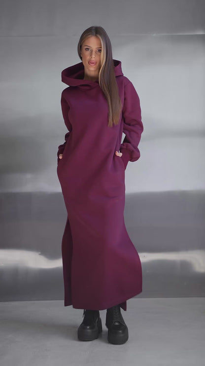 Burgundy Warm Maxi Dress with Slits-sku 14899