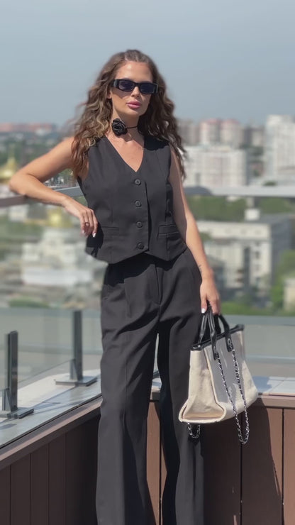 Black Linen Suit with Vest - sku 14101