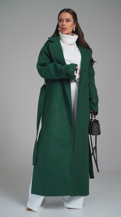 Green Long Coat with Side Slits-sku 15090