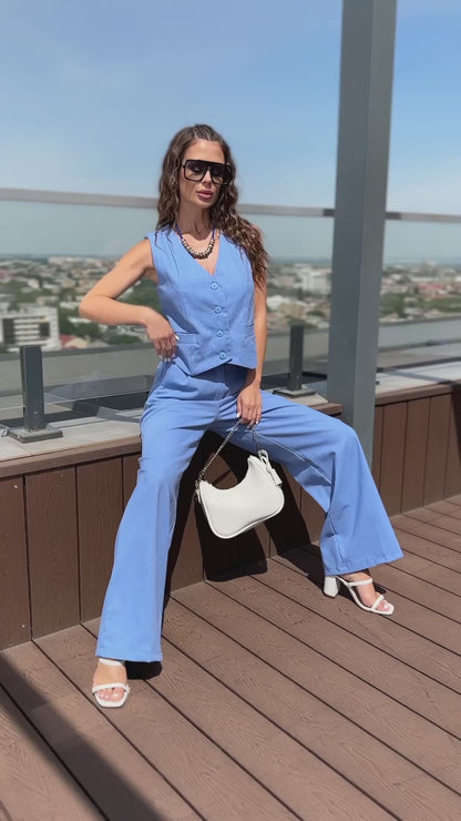 Blue Linen Suit with Vest - sku 14101