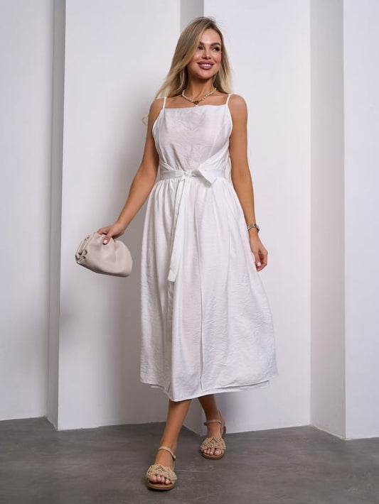 White Linen Sundress with a Flared Cut #15145